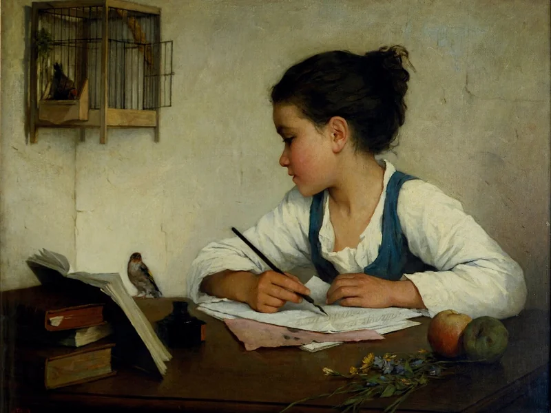 1829-Henriette Browne - Una ragazza che scrive. Il cardellino domestico